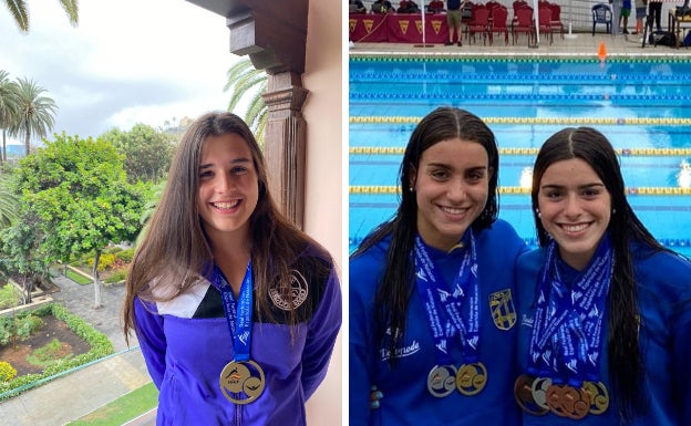 A la izquierda, Maider Redin delEaso, con su oro absoluto logrado en 50 mariposa. A la derecha, las hermanas Leire y Ainhoa Martín del Bidasoa XXI posan con las medallas logradas en el campeonato de España de Natación. 