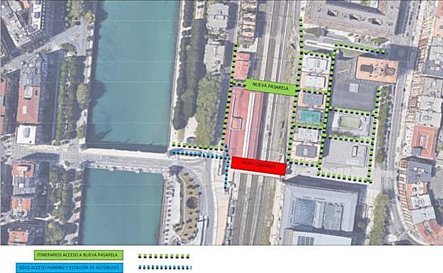 En verde, el acceso a la nueva pasarela. En azul, el acceso solo para el parking y la estación de autobuses