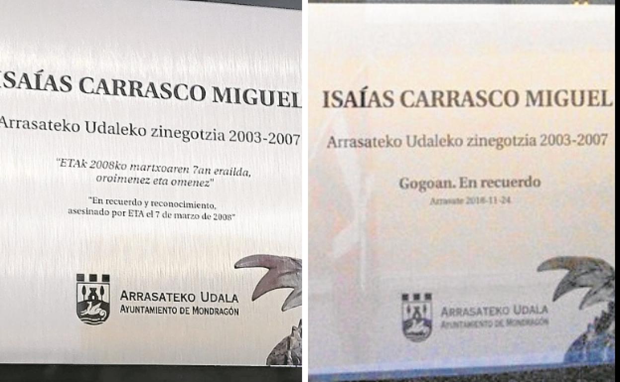 2 de diciembre de 2021. Placa en memoria de Isaías Carrasco colocada en el Ayuntamiento de Arrasate, en la que figura hoy que fue «asesinado por ETA.