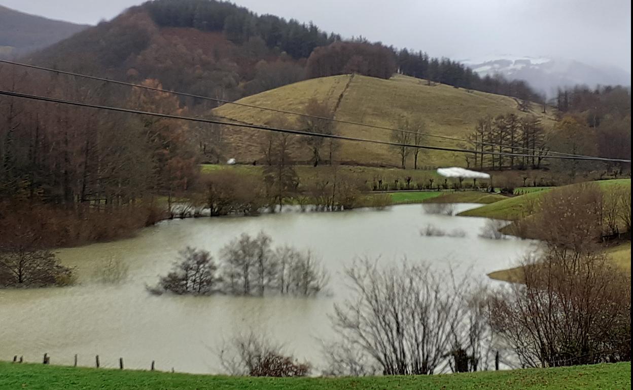 La laguna de Lindozulo inunda los terrenos de pasto de Aintzerga.