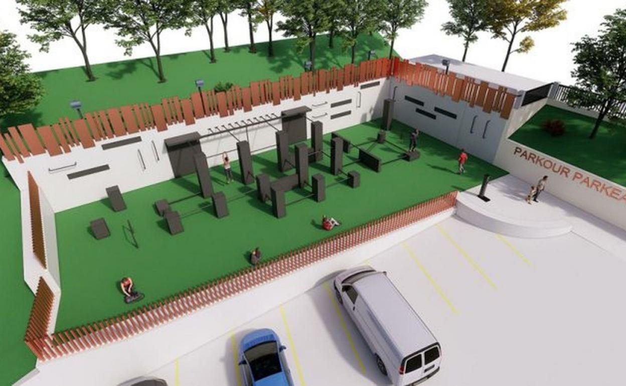 Diseño elegido para el parkour del frontón de Obenerreka, con las columnas y barras por las que se desplazarán los practicantes de la modalidad. 