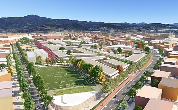 Imagen principal - Otra vista del proyecto, responsables municipales y de las AAVV de los barrios colindantes y una propuesta para las piscinas lúdicas cubiertas. 