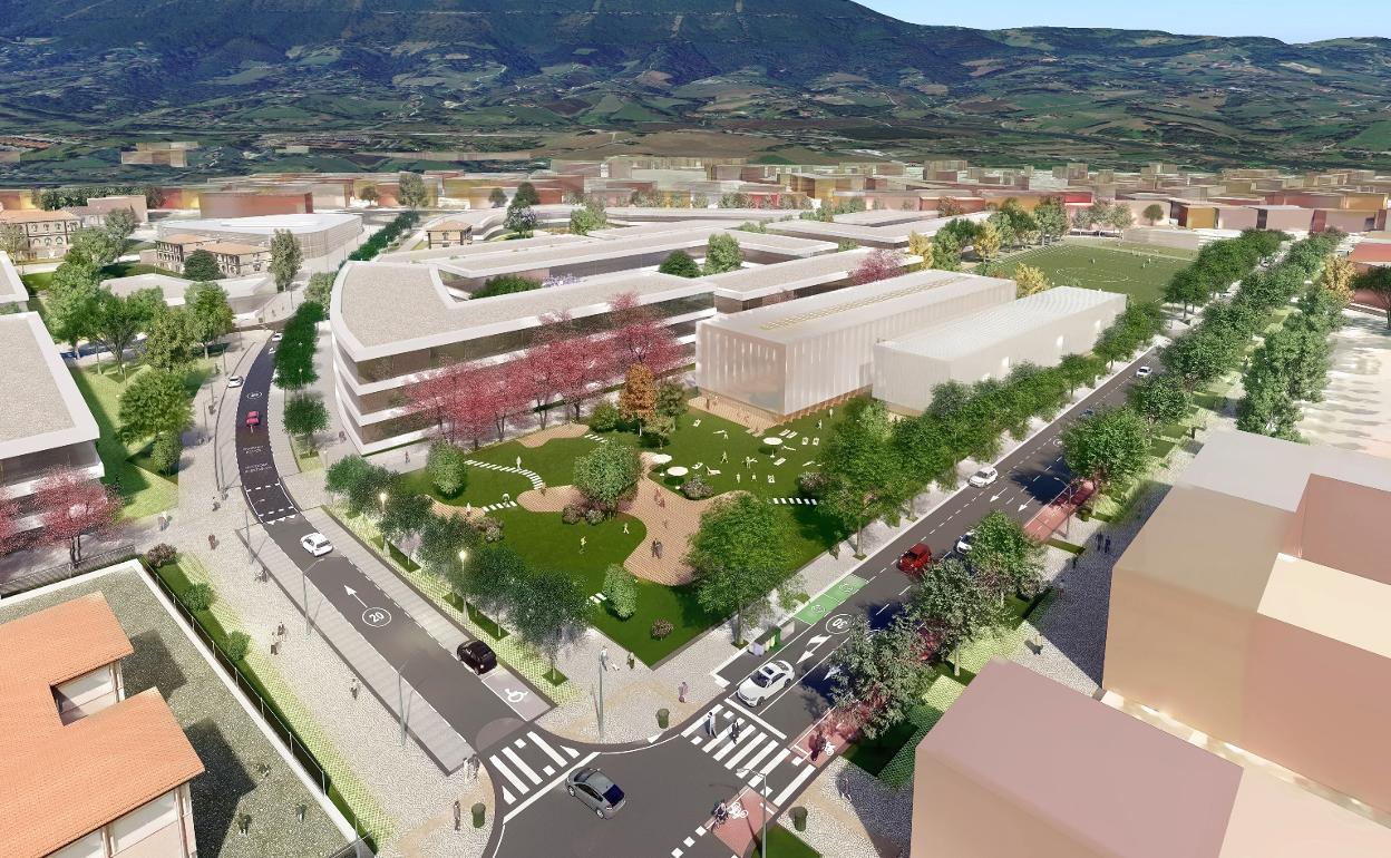 Infografía del proyecto con la nueva calle San Sebastián, a la derecha; los equipamientos que surgirán en este eje y la propuesta de prolongación de la calle Luis de Uranzu que contempla el proyecto. 