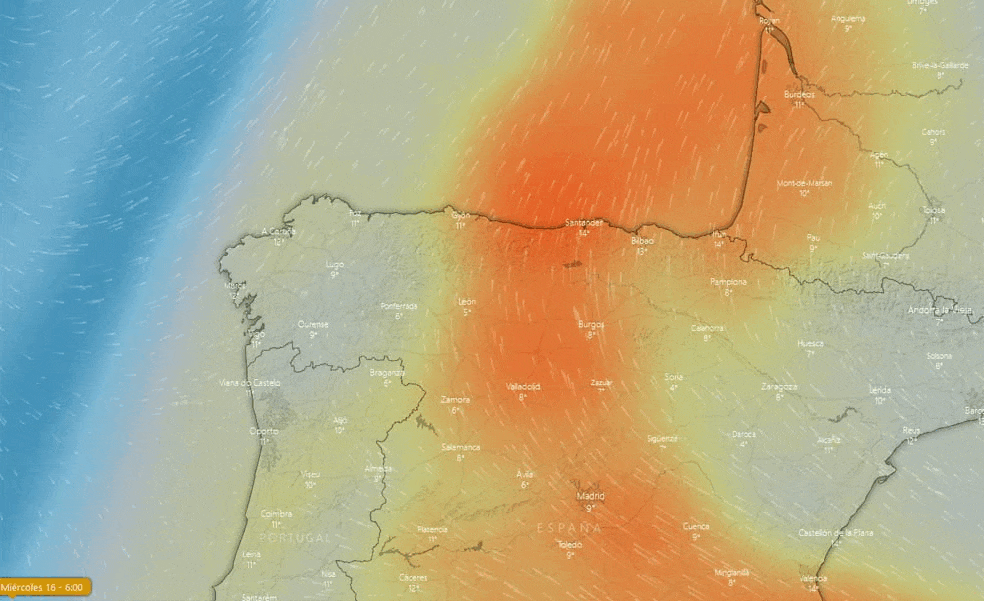 Evolución de la calima llegada desde el Sahara entre las 6 de la mañana de este miércoles y las 17 horas de este jueves. 