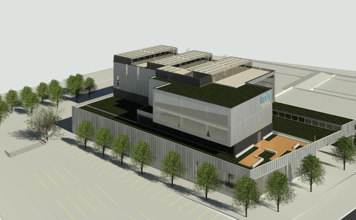 Infografia del futuro edificio que albergará el centro de innovación y emprendimiento Hirekin, dentro de la reurbanización actualmente en curso promovida por Mondragon Goi Eskola Politeknikoa en la zona de Trefasa-Gautxori, en el barrio de Uribarri. 