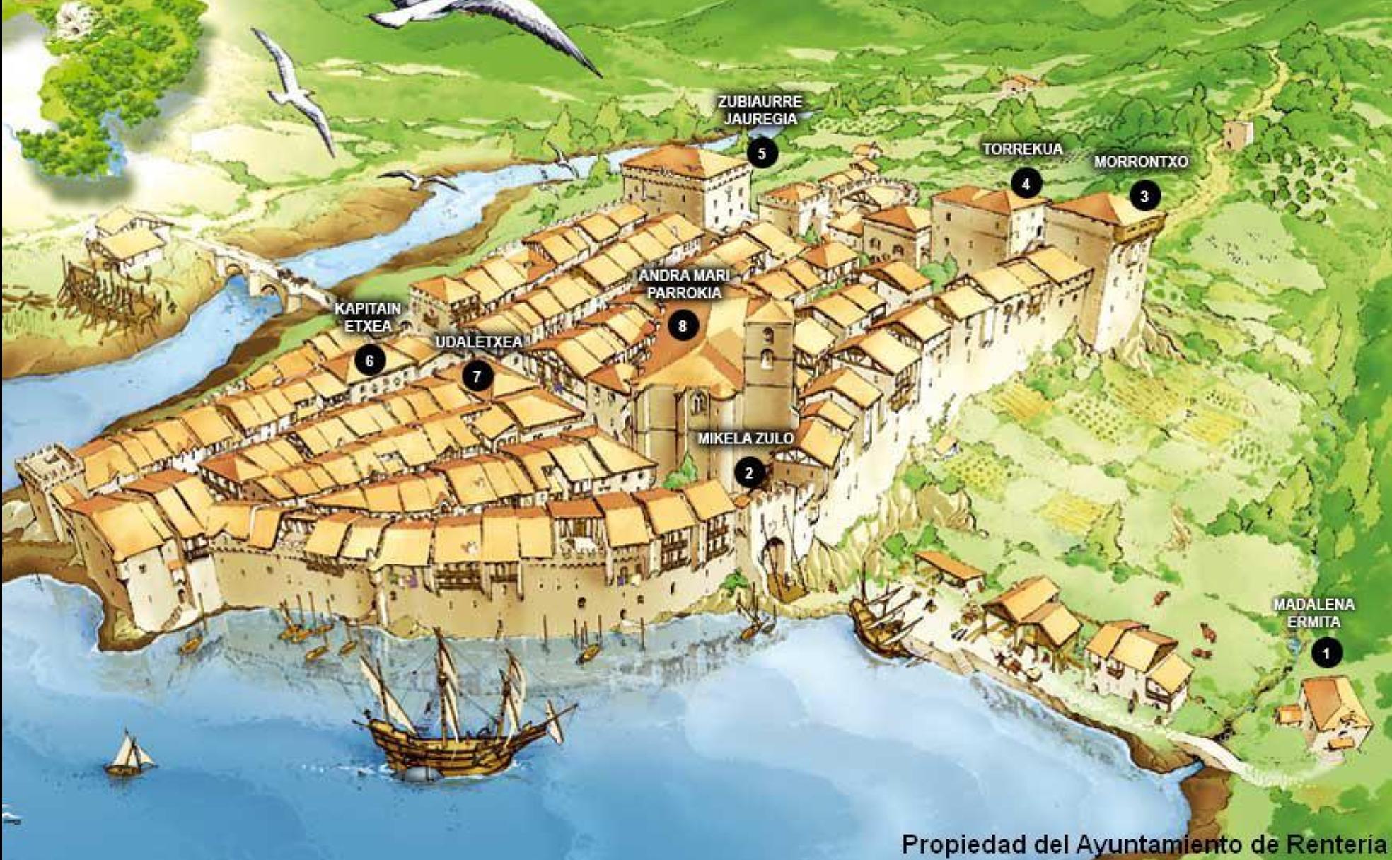 Una de las ilustraciones del libro, que muestra una Errenteria amurallada en 1600.