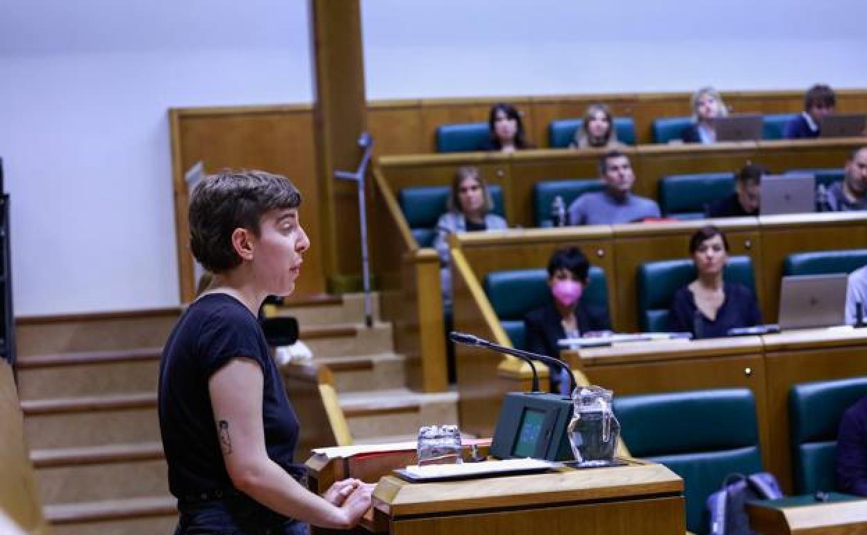 La portavoz de la plataforma promotora de la inicitativa para una renta básica, Itziar Guerendiain, interviene este jueves ante el pleno del Parlamento Vasco 