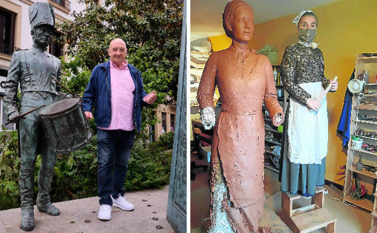 Javier Llorca y Jone Goitia, con las esculturas del tamborrero y la aguadora de la plaza Sarriegi. 