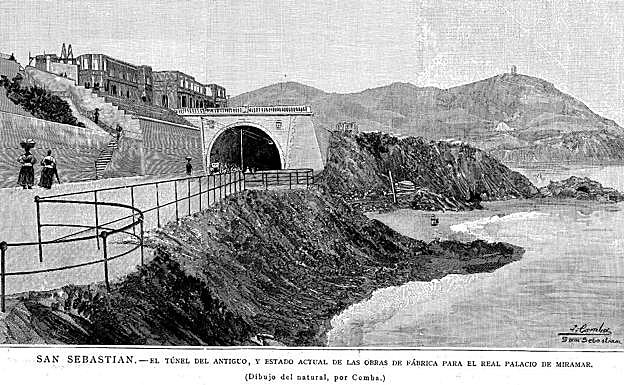 Grabado de 1890 que muestra la barandilla original del entonces llamado paseo de los Baños, con el túnel del Antiguo y el palacio de Miramar en obras.