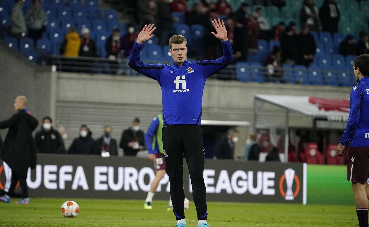 Alexander Sorloth durante el encuentro ante el Leipzig en la Europa League 