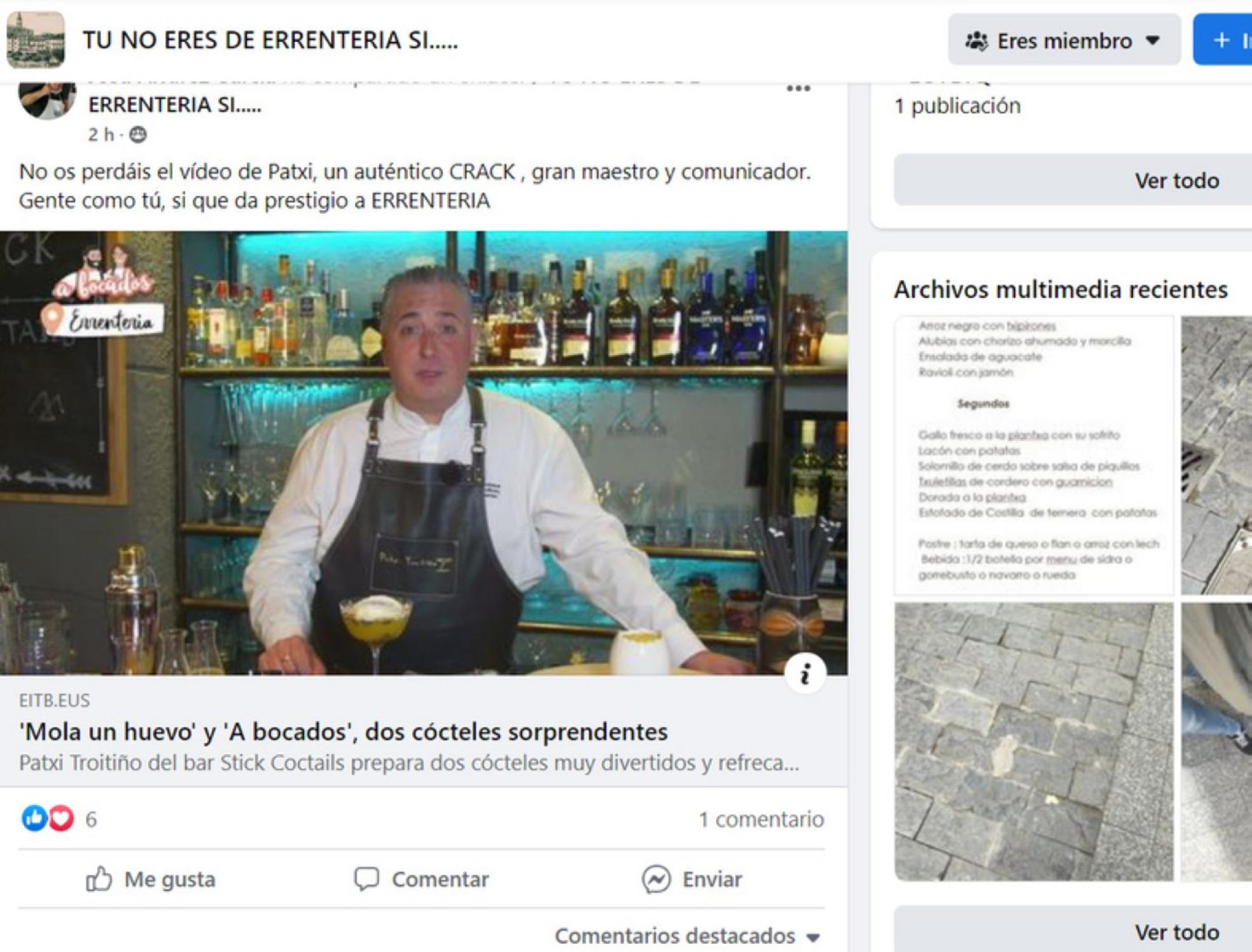 Una de los muchas publicaciones compartidas en la cuenta de Tu no eres de Errenteria si... En esta se puede observar un vídeo de EITB a Patxi, del bar Stick Coctails ubicado en la Avenida de Navarra. 
