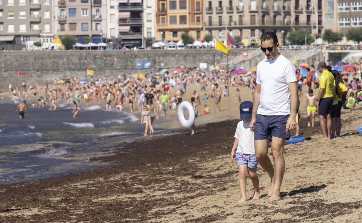 Un hombre y un niño caminan de la mano tratando de sortear el manto de algas que ayer presentaba la playa donostiarra de la Zurriola. 