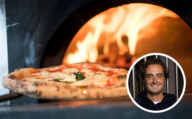 Una de las pizzas de Grosso Napoletano lista para comer y Hugo Rodríguez de Prada, cofundador de la cadena de pizzerías.
