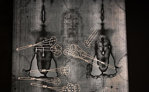 Esquema de algunas de las 250 heridas que presenta el cuerpo del hombre que aparece en la Sábana Santa.