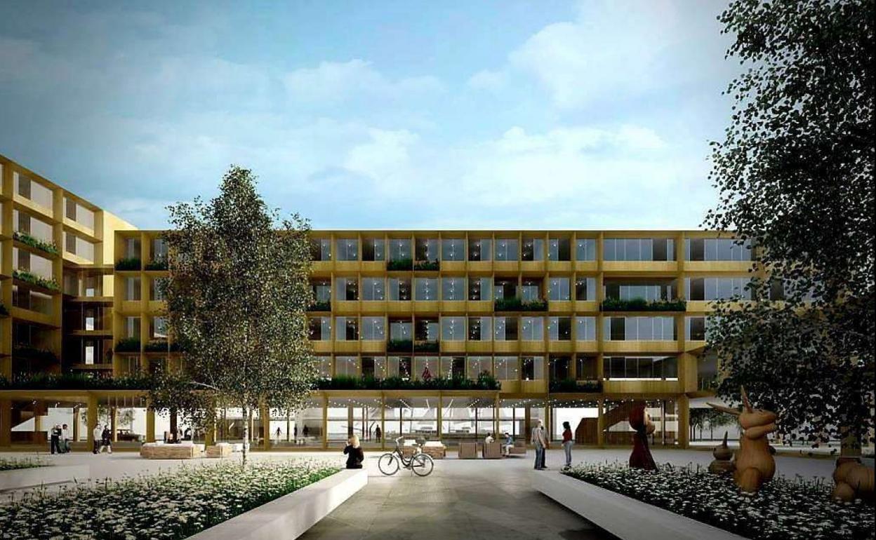 Fotomontaje de cómo quedará el centro de envejecimiento saludable Adinberri, en Trintxerpe (Pasaia). 