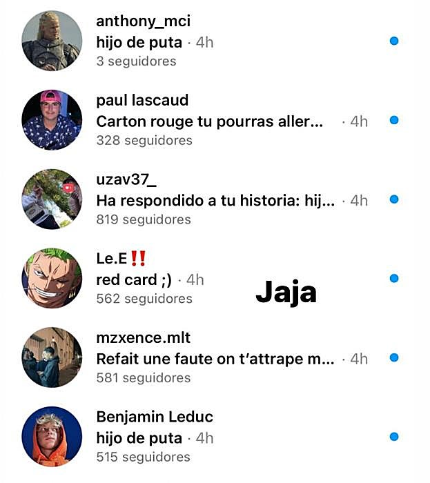 Pantallazo de los insultos recibidos en Instagram por Telmo Trenado.