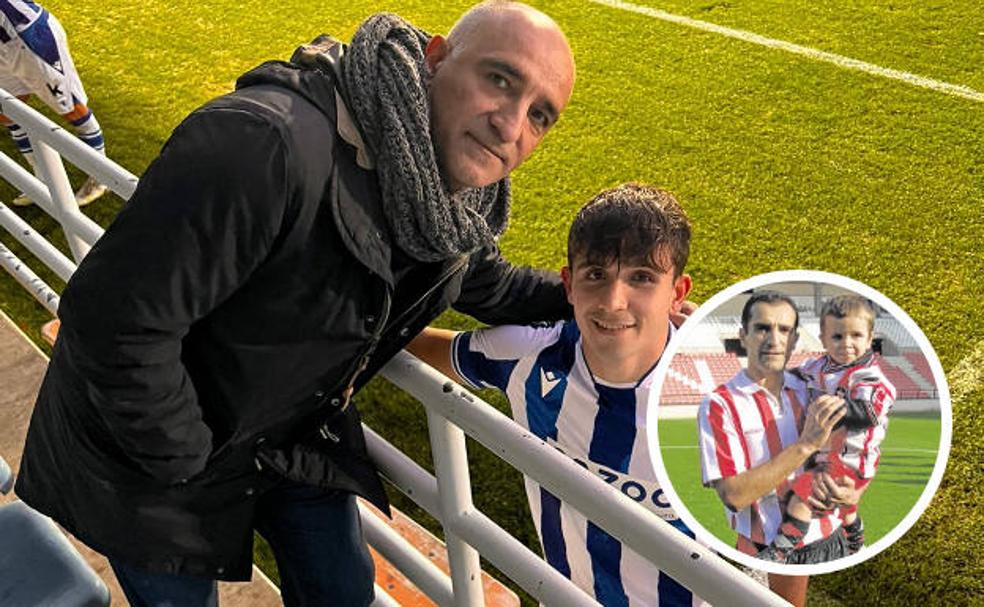 Fernando y Pablo posan el domingo en Zubieta antes del comienzo del partido entre el Sanse y el Alcoyano y en el recuadro Pablo, con apenas dos años, aparece en brazos de su padre en el Nuevo Las Gaunas.