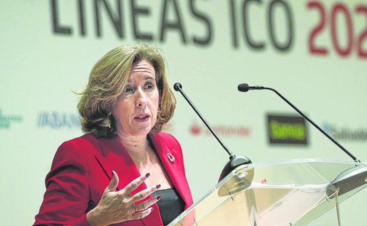 La secretaria de Estado de Economía, Ana de la Cueva, durante su intervención en la firma de los convenios de colaboración de las Líneas ICO 2020. 