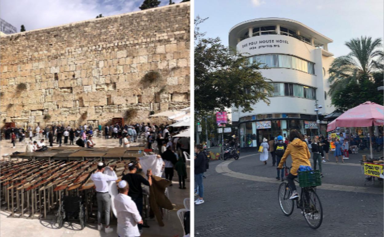 A la izquierda, el Muro de los Lamentos en Jerusalén. Sobre estas líneas, Tel Aviv y su arquitectura de los años 30. 