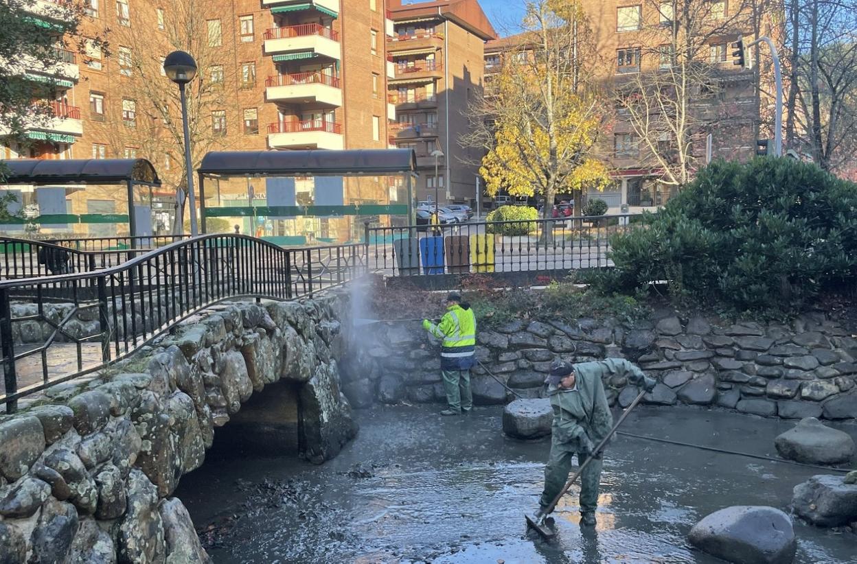 Los trabajos de limpieza general realizados ayer y el martes en el estanque de Olakua han despertado curiosidad. Operarios han quitado la maleza, el lodo, el musgo y la suciedad. 