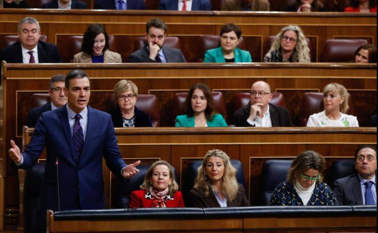 Pedro Sánchez, presidente del Gobierno, esta mañana en la sesión de control en el Congreso de los Diputados 