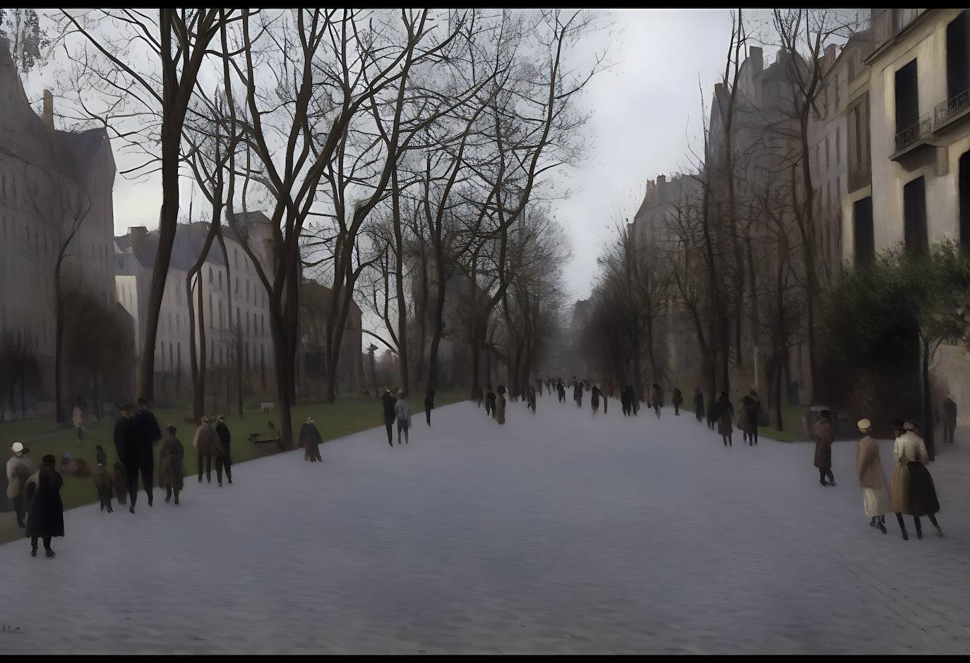 Estampas de la arteria donostiarra a finales del XIX en el estilo de Camille Pissarro (1830-1903).