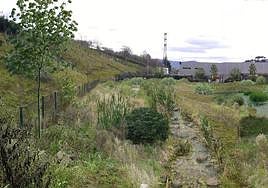 Imagen virtual de la regata de Errekatxulo, una vez renaturalizada. Al fondo, pabellones industriales.