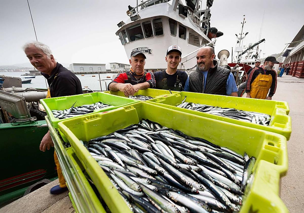 Descarga de las primeras anchoas en Hondarribia en la costera del pasado año.
