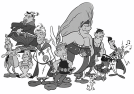 De izquierda a derecha, Merino como Radiotelegráfix; Oyarzabal como Abraracúrcix; Imanol como Panorámix; Silva como Astérix; Sorloth como Obélix; Le Normand como Esautomátix; Kubo como Edaddepiédrix; y Brais como Asurancetúrix.