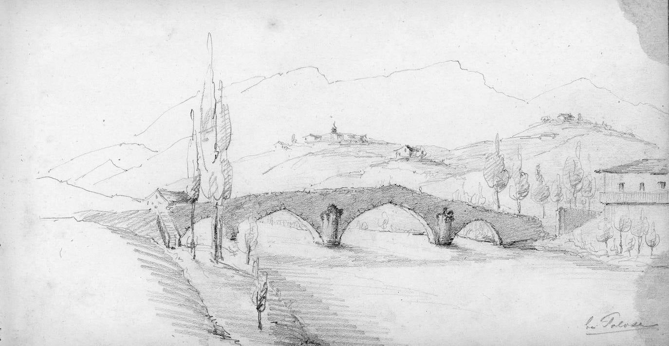 Puente de Navarra, en Tolosa, sobre el río Oria, cuya construcción se suele remontar hasta el siglo XIII aunque posteriormente ha experimentado diversas reformas hasta adoptar su forma actual. G.A. Dick dibuja un puente en un espacio aún poco edificado que, en pocos años, cambiaría para siempre.