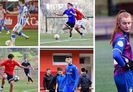 Beñat Larrea, abajo en el centro con la camiseta de la Real, entre los cinco futbolistas de Antzuola que siguen sus carreras en clubes vascos.