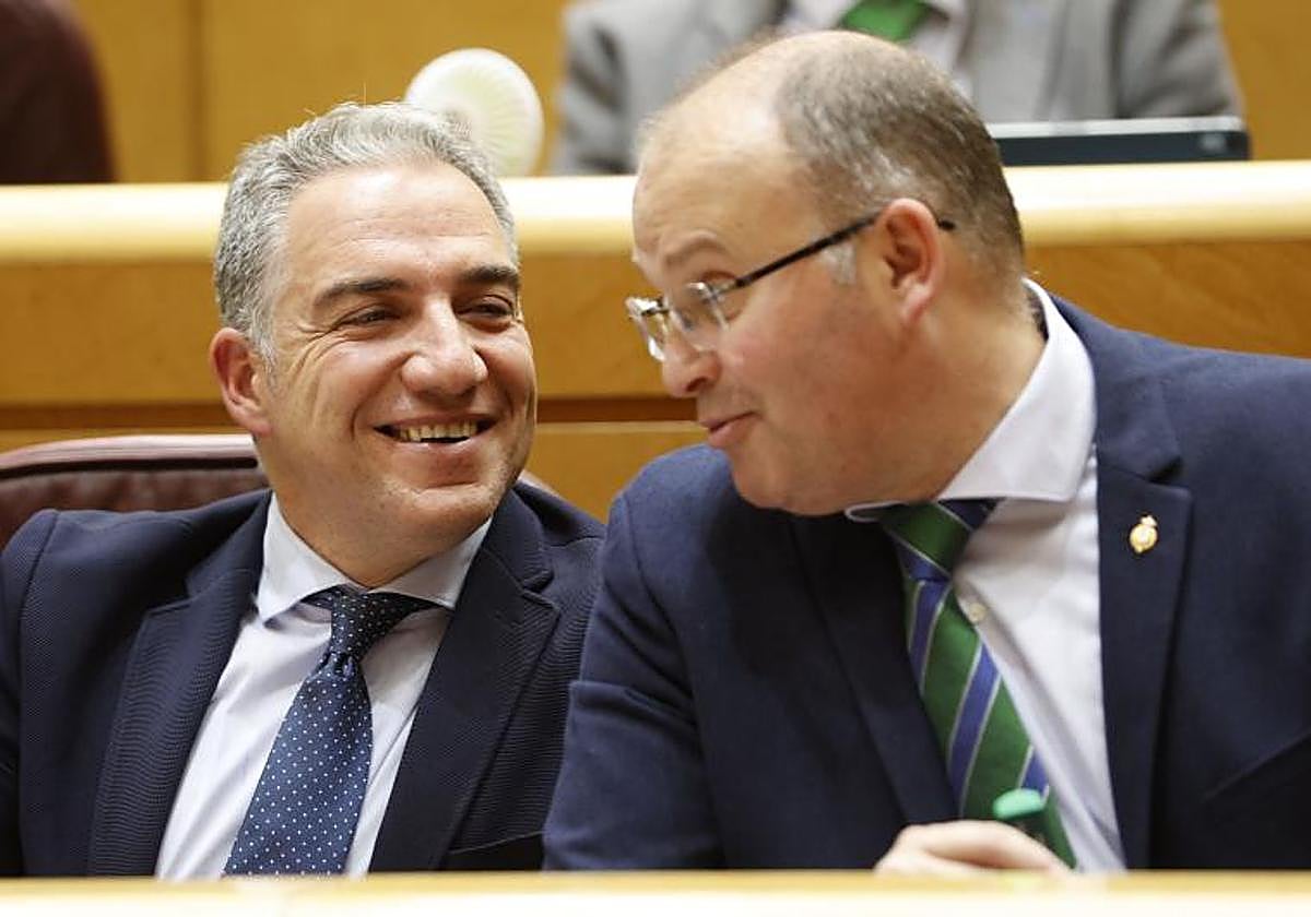 El senador del PP Miguel Ángel Tellado (d) conversa con el coordinador general del PP, Elías Bendodo
