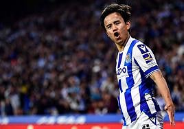 Take Kubo celebra su golazo ante el Almería.