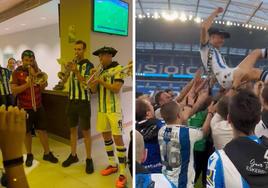 Illarramendi toca el himno de la Real Sociedad con la trompeta y los amigos le mantean al finalizar todas las celebraciones sobre el césped de Anoeta.