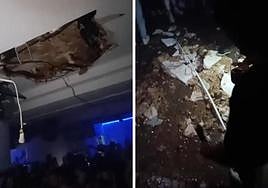 Estado en el que se quedó el techo del Saroia la pasada madrugada, y los cascotes en el suelo.