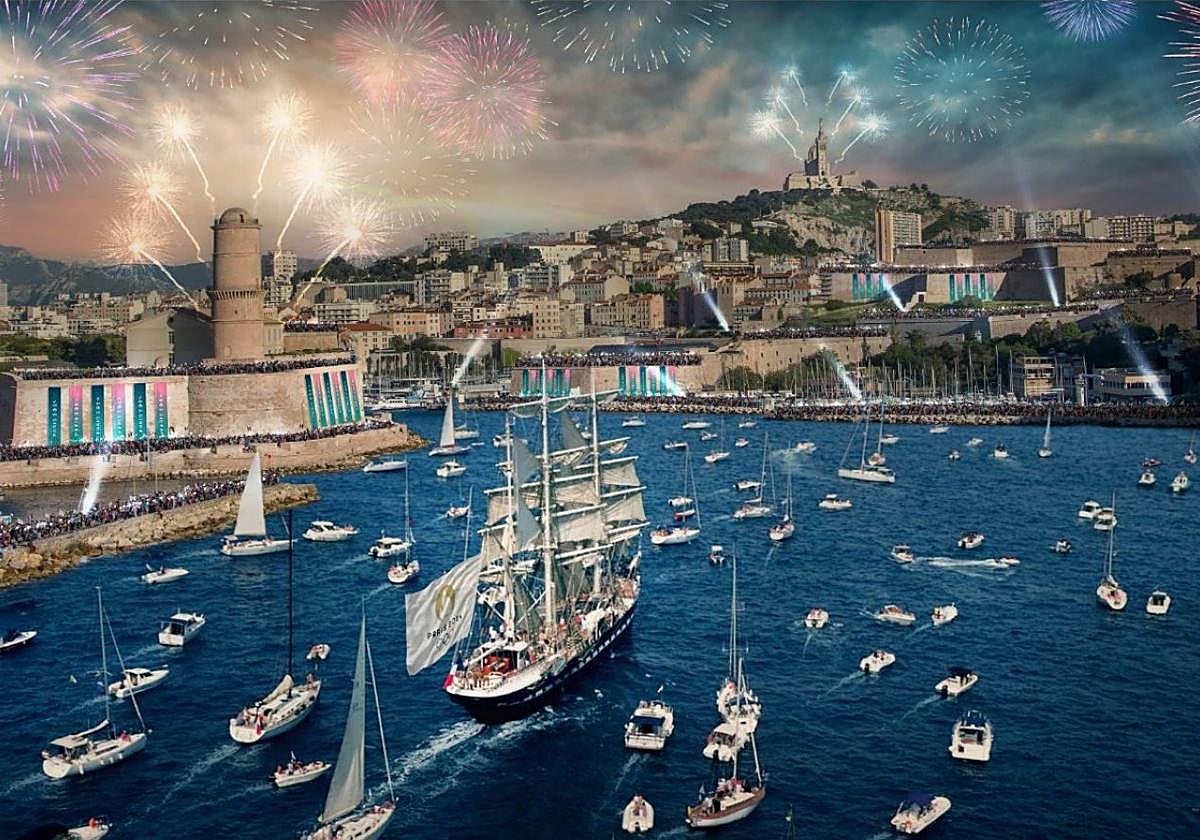 Recreación de cómo entrará la antorcha a Francia por Marsella, procedente de Grecia.