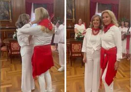 La alcaldesa de Pamplona Cristina Ibarrola colocandole el pañuelo a Norma Duval