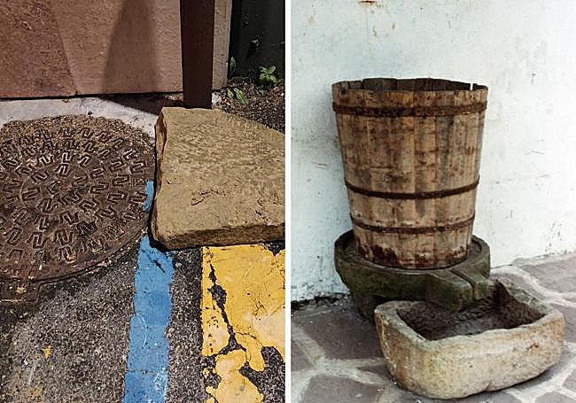 La pieza hallada en Ondarreta y una pila para blanquear la colada a la que podría pertenecer.