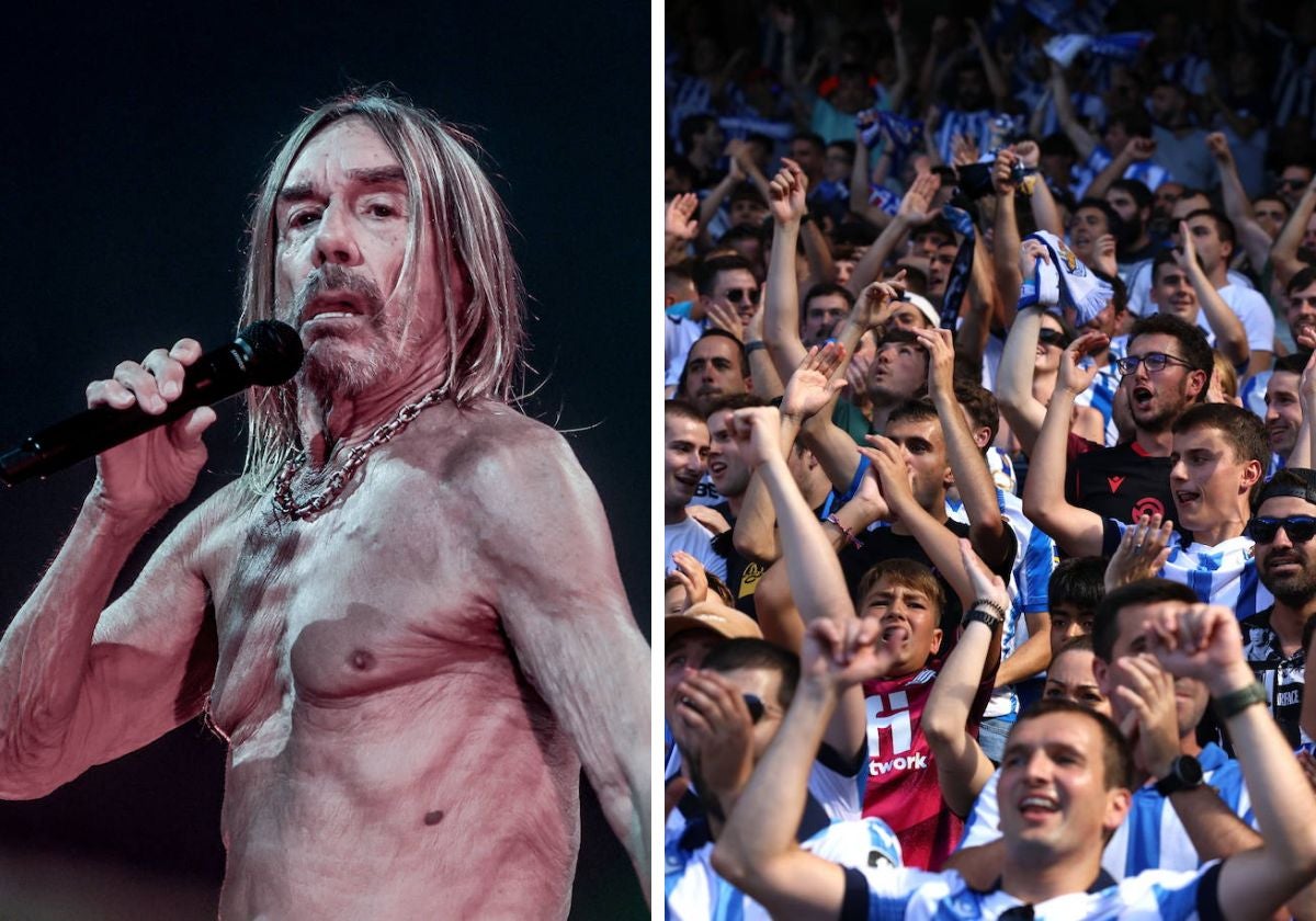 El artista Iggy Pop en un concierto y, a la derecha, la grada del Reale Arena celebrando un gol esta temporada.