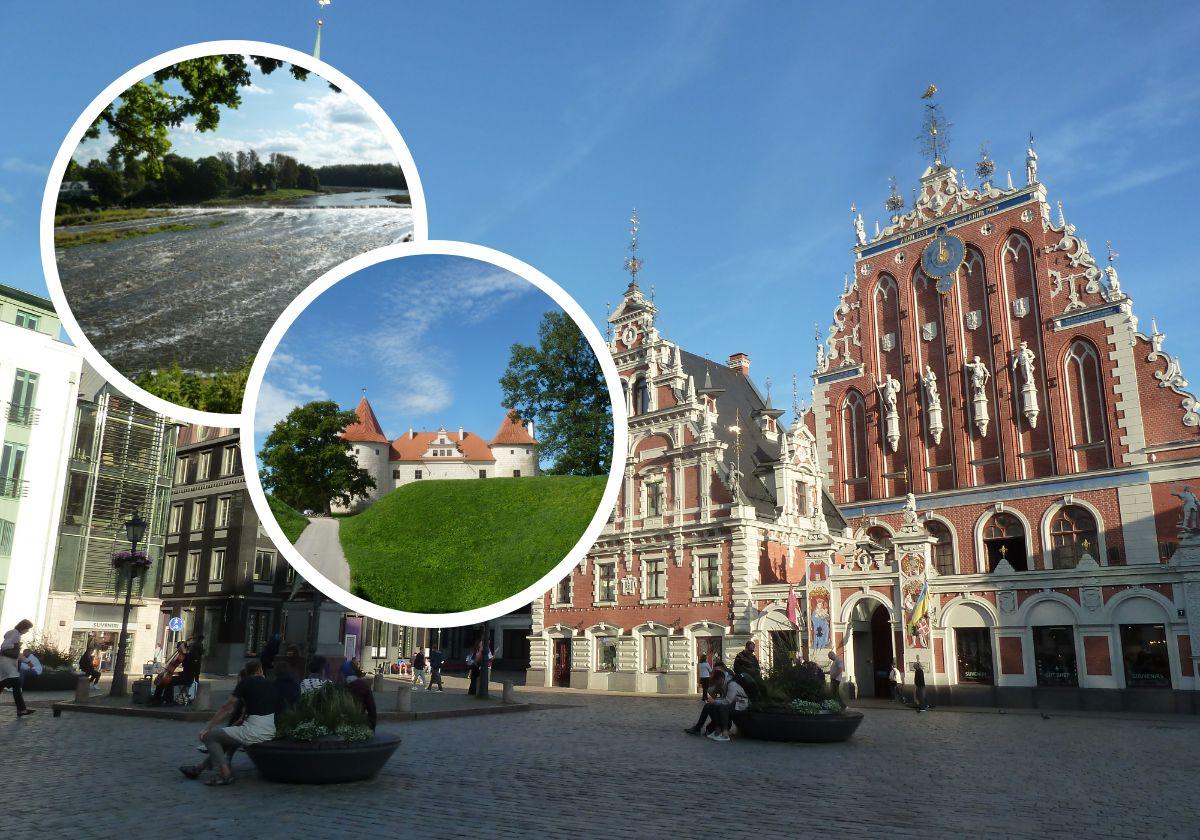 Plaza del ayuntamiento de Riga, la postal de la ciudad. En los recuadros, la cascada de Kuldiga y el castillo de Bauska.