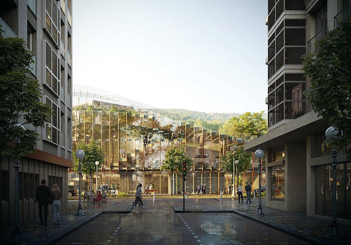 Imagen virtual del futuro GOe del Basque Culinary Center visto desde el barrio de Gros.
