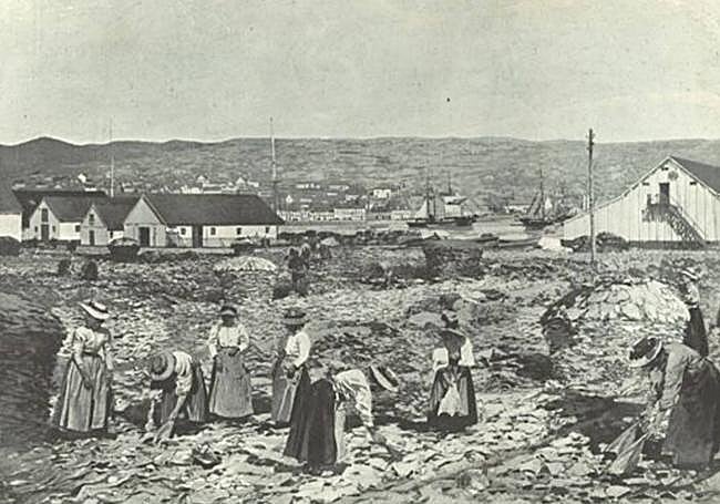 Mujeres trabajando en sequería de pescado en Saint Pierre et Miquelon