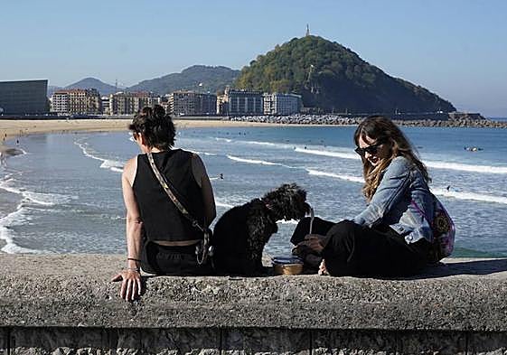 Dos mujeres toman el sol junto a un perro en el muro de Sagüés de San Sebastián este martes.