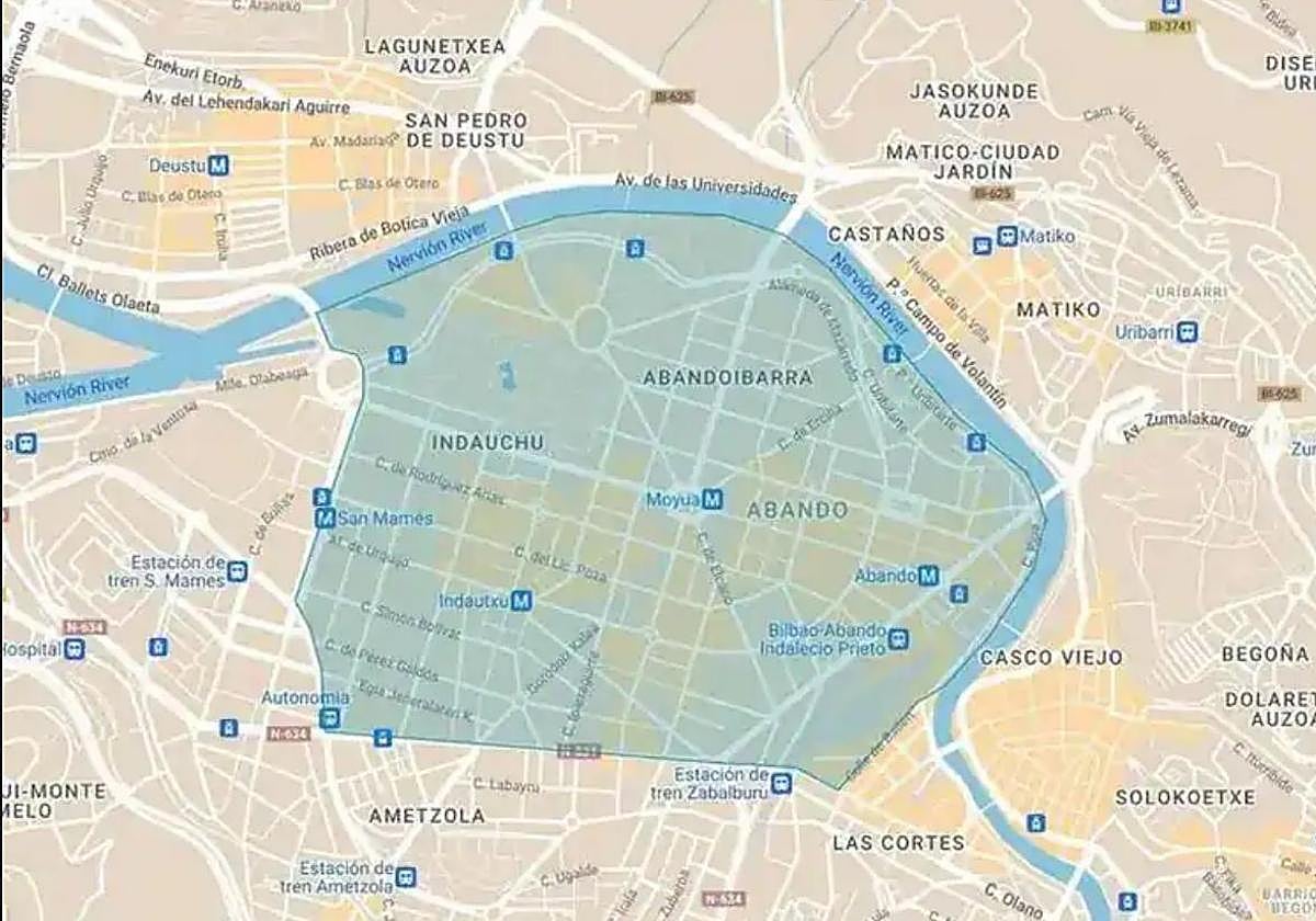 Espacio que ocupará la zona de bajas emisiones, en el centro de Bilbao.