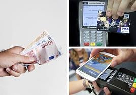 Dinero en efectivo, tarjetas de crédito o débito y el teléfono móvil, maneras de pagar hoy en día.