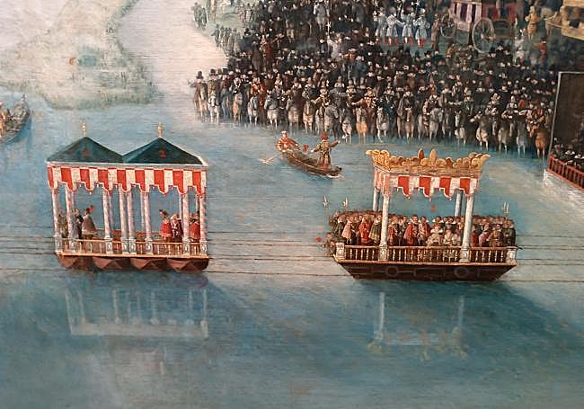 Detalle de la gabarra donde iba Isabel de Borbón y la barcaza donde se produciría el intercambio.
