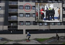 La calle Izaskun fue acordonada. La ventana desde la que cayó el pequeño, redondeada en rojo.
