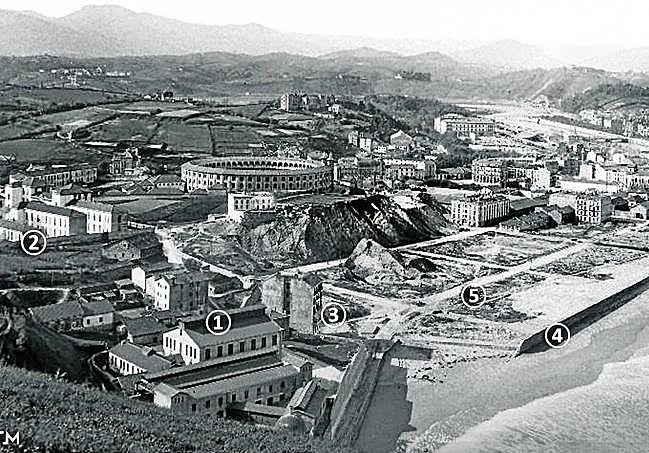 Año 1915. 1: Matadero. 2: Hospital de San Antonio. 3: Edificio y sidrería de Leizaola. 4: Muro de costa (paseo Colón). 5: Calle Zabaleta.
