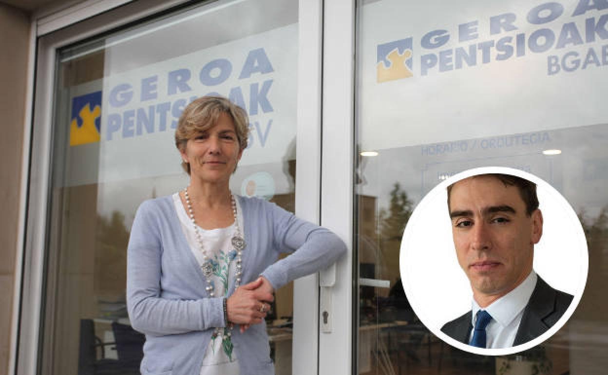 Virginia Oregui posa en la sede de Geroa, en una imagen de archivo. En el recuadro inferior, su sustituto Jordan Saenz.