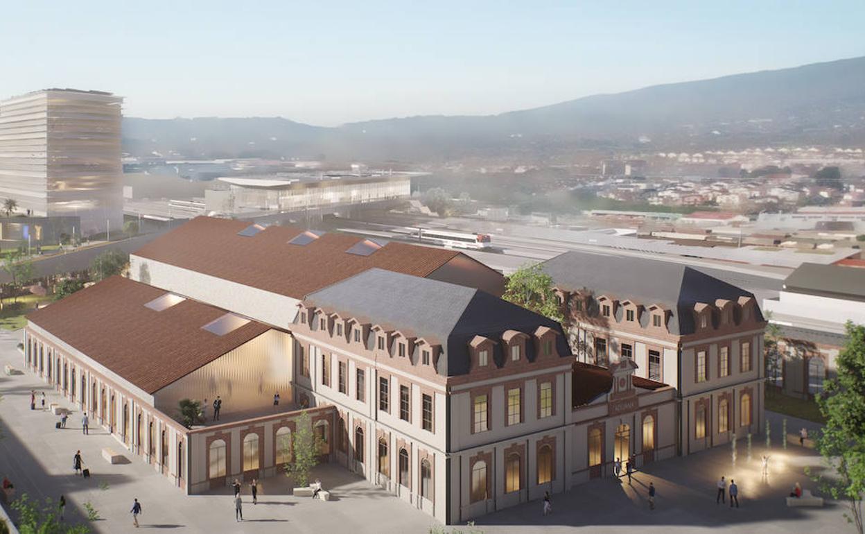 Infografía que recoge cómo se concibe el futuro del edificio de la antigua Aduana en el futuro de Vía Irun. 